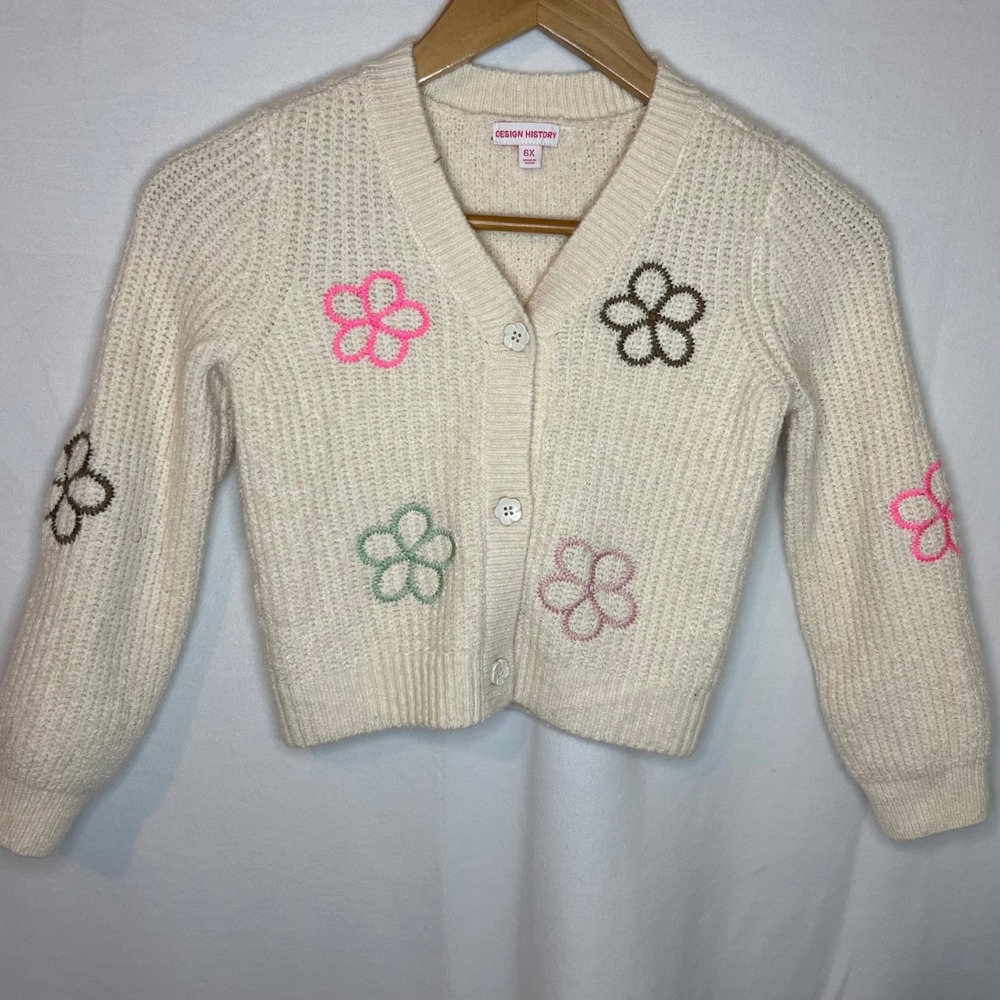 Design History Girls Tan Suede Combo Floral Embroidered Knit Cardigan Size 6X